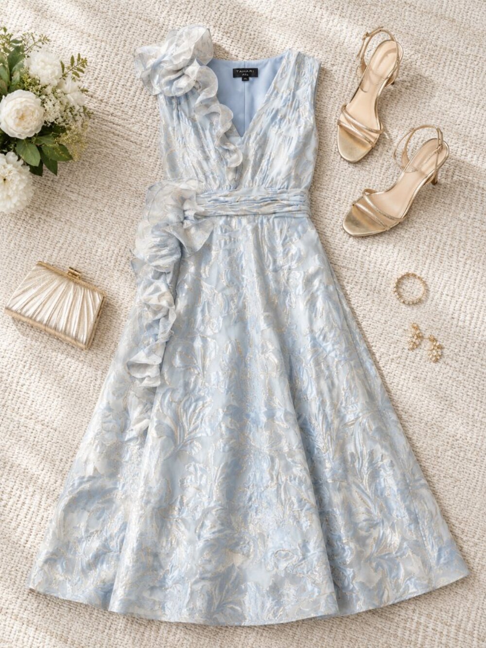 Tahari Ice Blue Gold Ruffled Sleeveless Gown Formal Dress 14 NWT Cocktail Dress